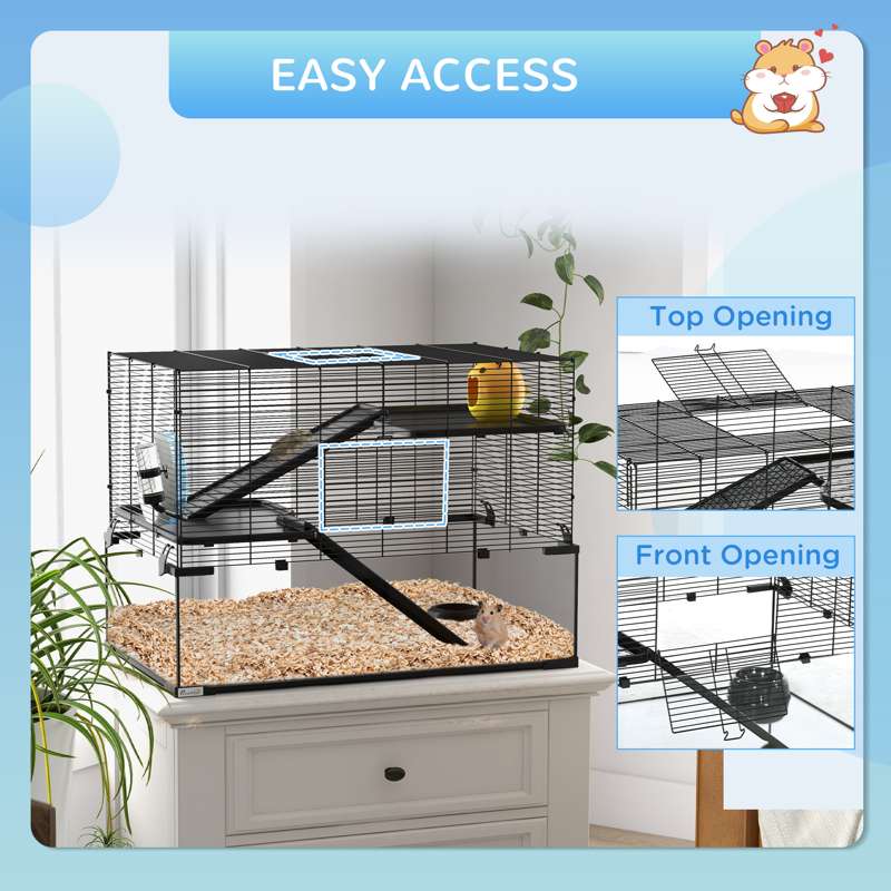 PawHut 3 Tiers Hamster Cage, Gerbil Cage with Deep Glass Bottom, Non-Slip Ramps, Platforms, Hut, Exercise Wheels, Water Bottle, Dish, for Syrian Hamster, Dwarf Hamster, 78.5 x 48.5 x 57cm