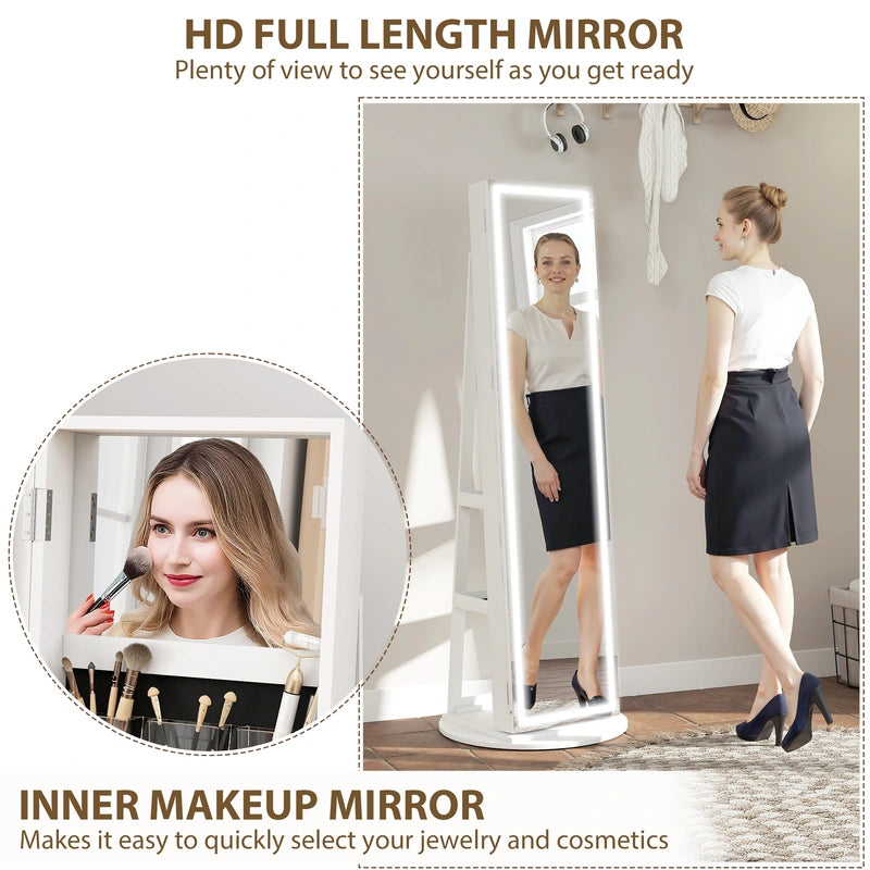 HOMCOM 360 Swivel Mirror Jewellery Cabinet with 3 Colour LED Lights, Lockable Jewellery Organiser, Free Standing Full Length Mirror with Storage for Earrings, Necklaces, Rings and Lipsticks, White
