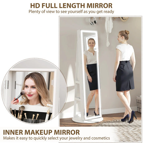 HOMCOM 360 Swivel Mirror Jewellery Cabinet with 3 Colour LED Lights, Lockable Jewellery Organiser, Free Standing Full Length Mirror with Storage for Earrings, Necklaces, Rings and Lipsticks, White