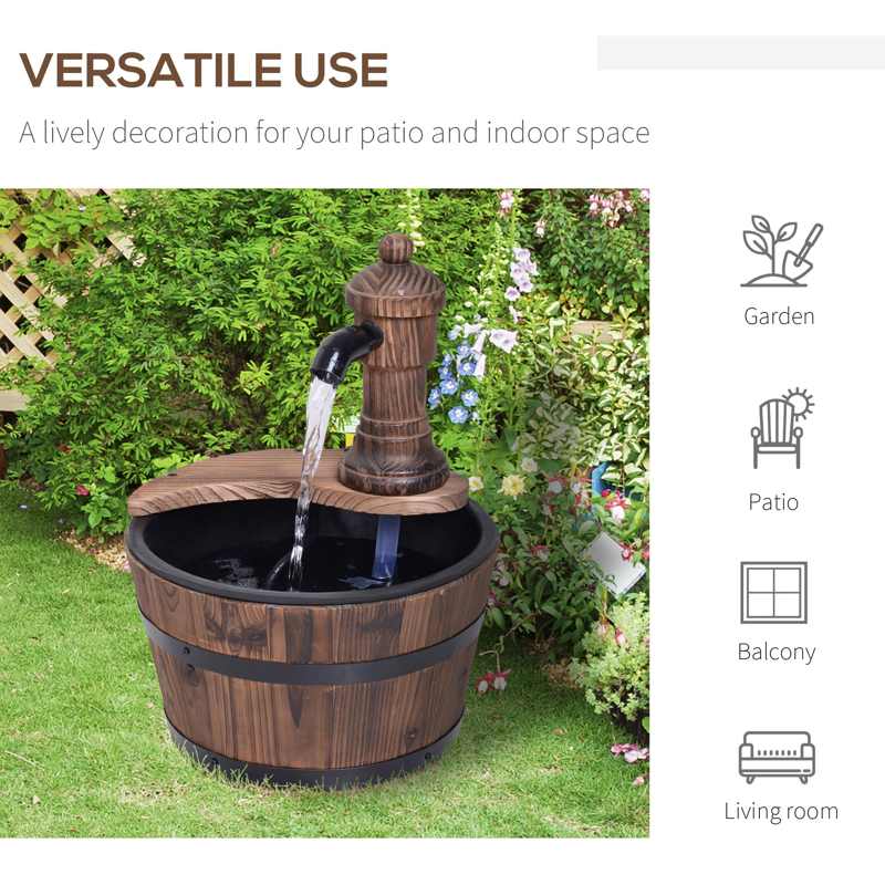 Outsunny Wood Barrel Patio Water Fountain Garden Decorative Ornament Water Feature with Electric Pump (Type A)