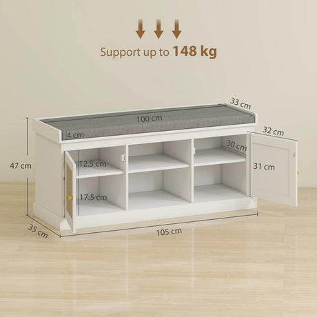HOMCOM Boho Shoe Storage Bench with Padded Cushion and Rattan Doors - White