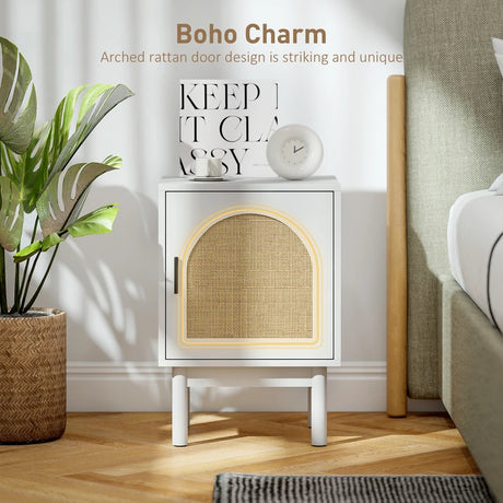 HOMCOM Rattan Bedside Table for Bedroom - White