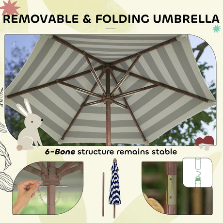 AIYAPLAY Outdoor Wooden Kids Picnic Table & Bench Set with Cushions and Umbrella, for Patio, Garden, Navy Blue