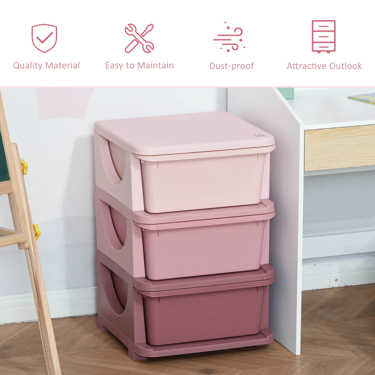 HOMCOM 3 Drawers Plastic Storage Units, 3 Tier Kids Storage Units, Children Toy Chest for Nursery, Playroom, Bedroom, Pink