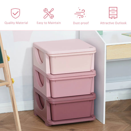 HOMCOM 3 Drawers Plastic Storage Units, 3 Tier Kids Storage Units, Children Toy Chest for Nursery, Playroom, Bedroom, Pink