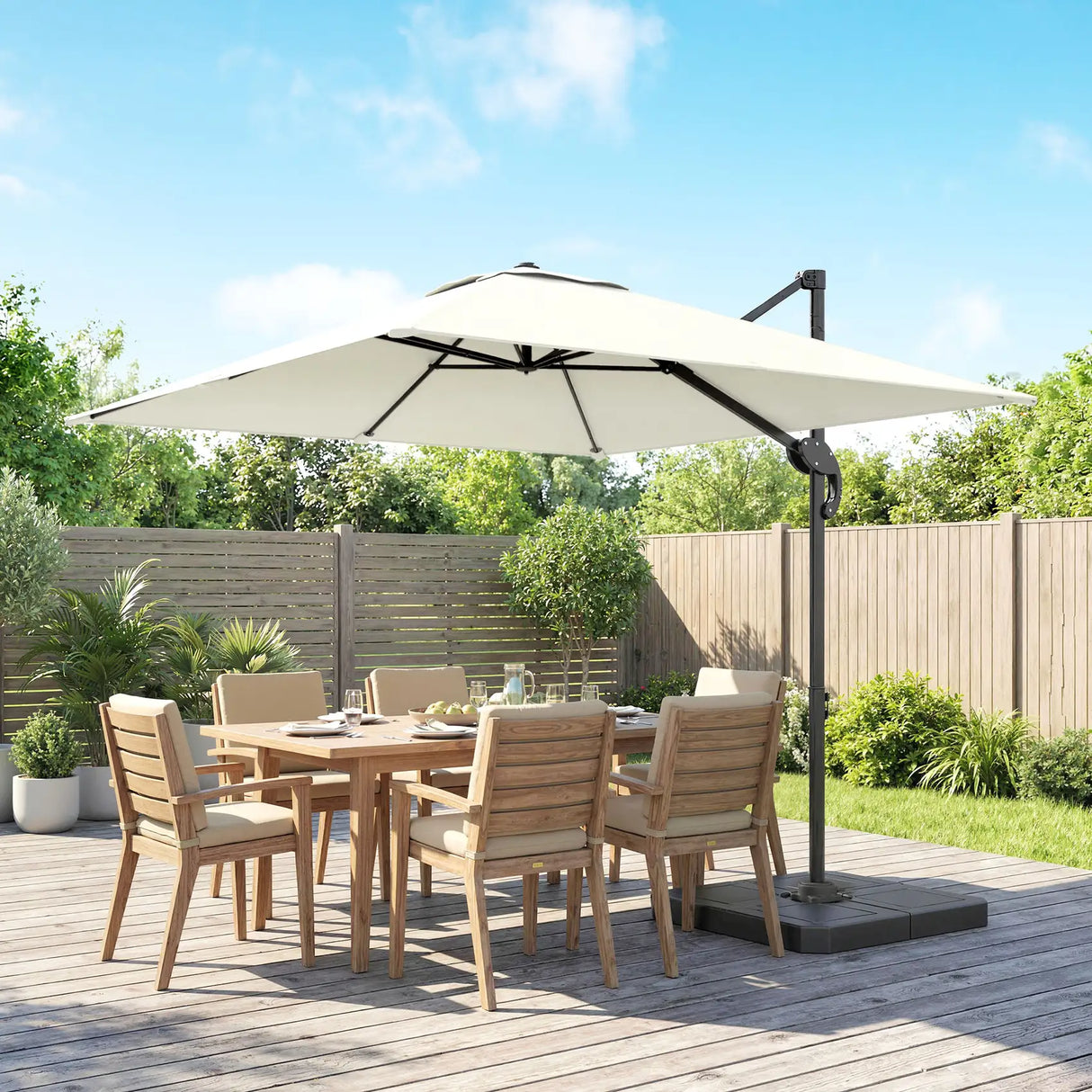 Outsunny 2.4 x 2.4m Cantilever Parasol with Umbrella Weights, UPF50+ Offset Outdoor Umbrella w/ Easy Tilt Adjustment, Cream White