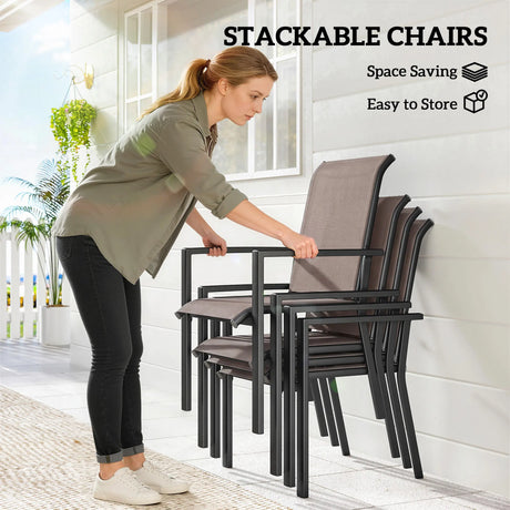 Outsunny 5 Pieces Outdoor Dining Set for 4, Garden Table and Stackable Chairs with Breathable Mesh Seat, Grey and Khaki