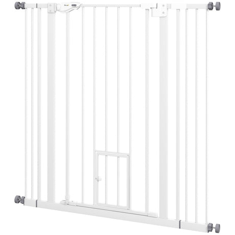 PawHut Extra Tall Pet Gate, Indoor Dog Safety Gate, with Cat Flap, Auto Close, 74-101cm Wide - White