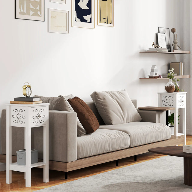 HOMCOM Set of Two Elegant Floral Cut-Out Side Tables - White