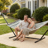 Outsunny Outdoor Hammock with Stand Detachable Pillow Striped Swing Steel Frame, for Garden, Patio, Green