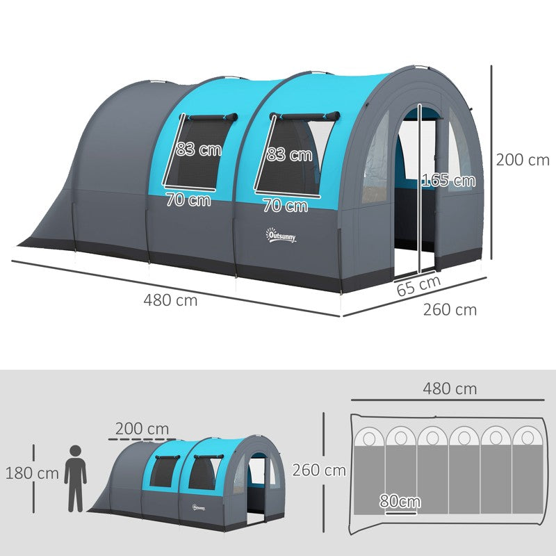 Outsunny Six Man Duo Room Tunnel Tent, with Accessories - Grey/Blue