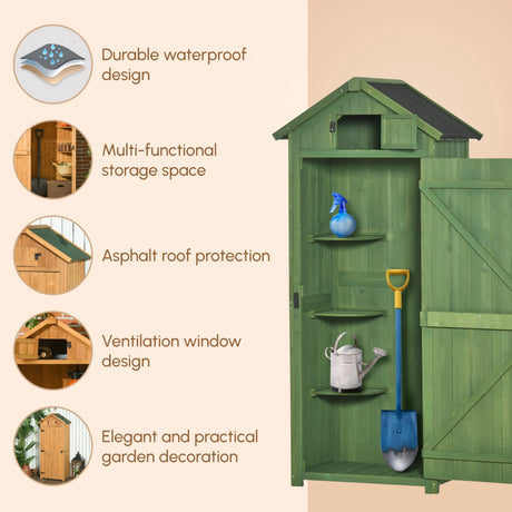 Outsunny Small Shed, Tall Slim Wooden Garden Shed with 3 Removable Shelves and Roof Hatch, Compact Outdoor Tool Storage Cabinet with Asphalt Roof and Door Latch, 77 x 54.2 x 179 cm, Green