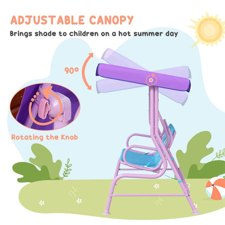 Outsunny 4PCs Kids Garden Furniture Set w/ 2 Seater Garden Swing Chair with Adjustable Canopy, Childrens Table and Chair Set with Parasol, for Toddler Girls 3-6 Years Old