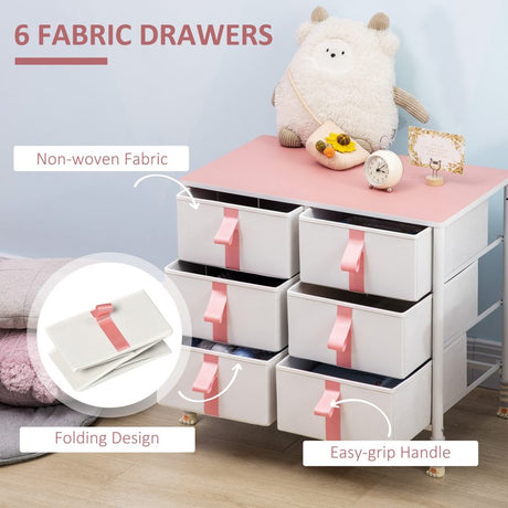 HOMCOM Chest of Drawers, Cloth Organizer Unit with 6 Fabric Drawers, Metal Frame and Wooden Top, Storage Cabinet for Kids Room, Living Room, Closet, Hallway, Pink