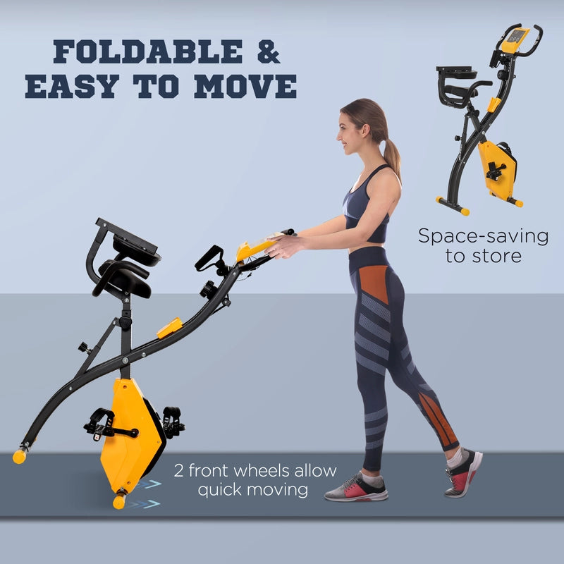 HOMCOM 2-in-1 Folding Exercise Bike with 8-Level Magnetic Resistance, Arm Resistance Band, Pulse Sensor, Yellow