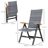 Outsunny Folding Rattan Garden Dining Chair with 5-level Reclining High Back, Wood Armrests for Outdoor, Patio - Light Grey