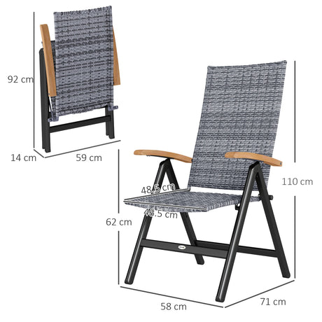 Outsunny Folding Rattan Garden Dining Chair with 5-level Reclining High Back, Wood Armrests for Outdoor, Patio - Light Grey
