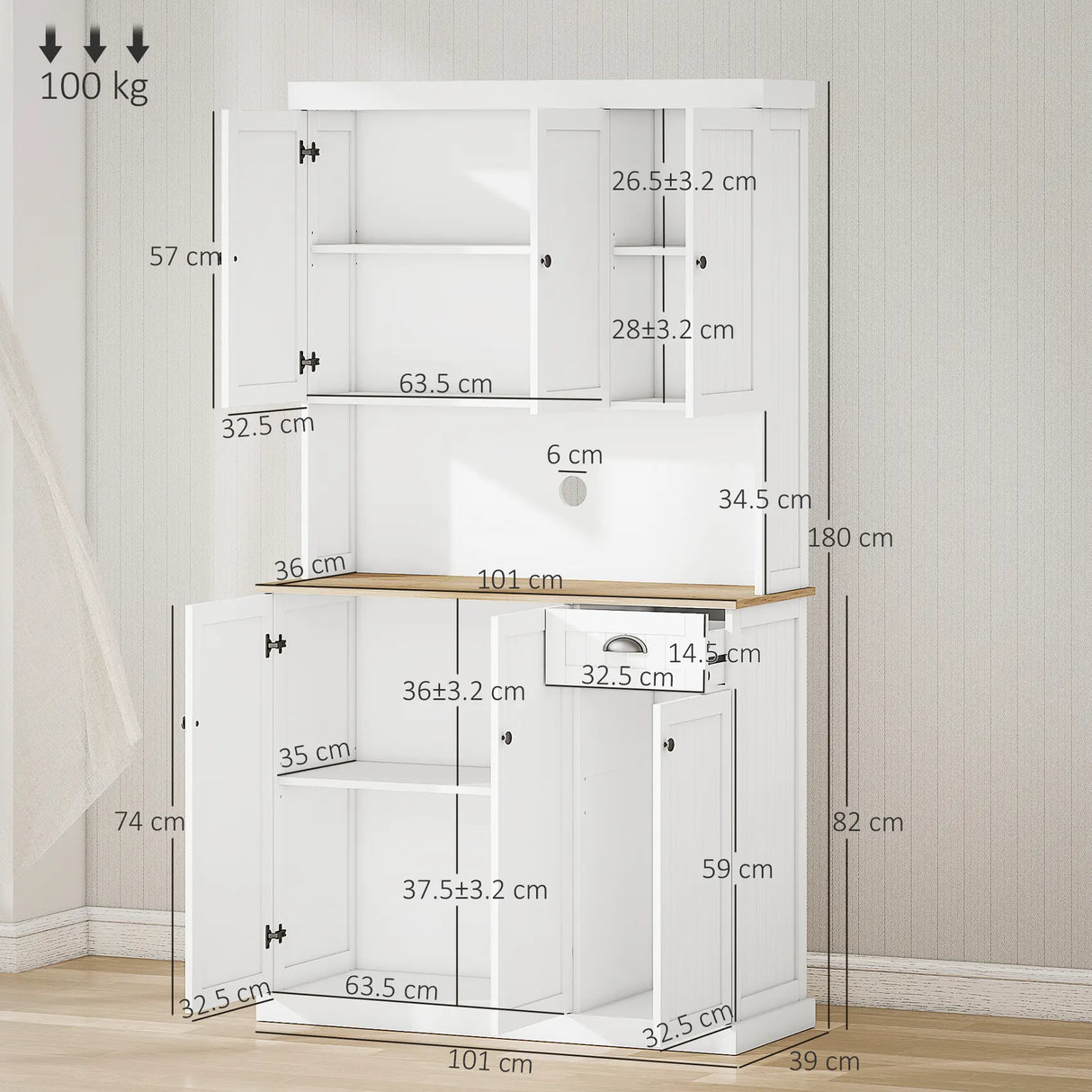 HOMCOM 180cm Freestanding Kitchen Cabinet, Modern Storage Cupboard with Open Countertop, Drawer and 6 Doors, White