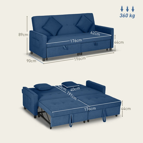 HOMCOM Three-Person Velvet-Feel Sofa Bed - Blue