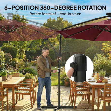 Outsunny 3 m Garden Cantilever Parasol with LED Solar Light, Round Overhanging Umbrella with 360 Rotation, Cover, Wine Red