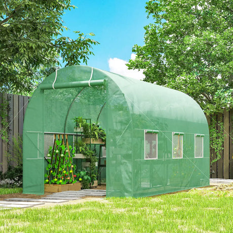 Outsunny 3.5 x 2m Walk-In Polytunnel Greenhouse, with Steel Frame, PE Cover, Roll-Up Door and 6 Windows, Green