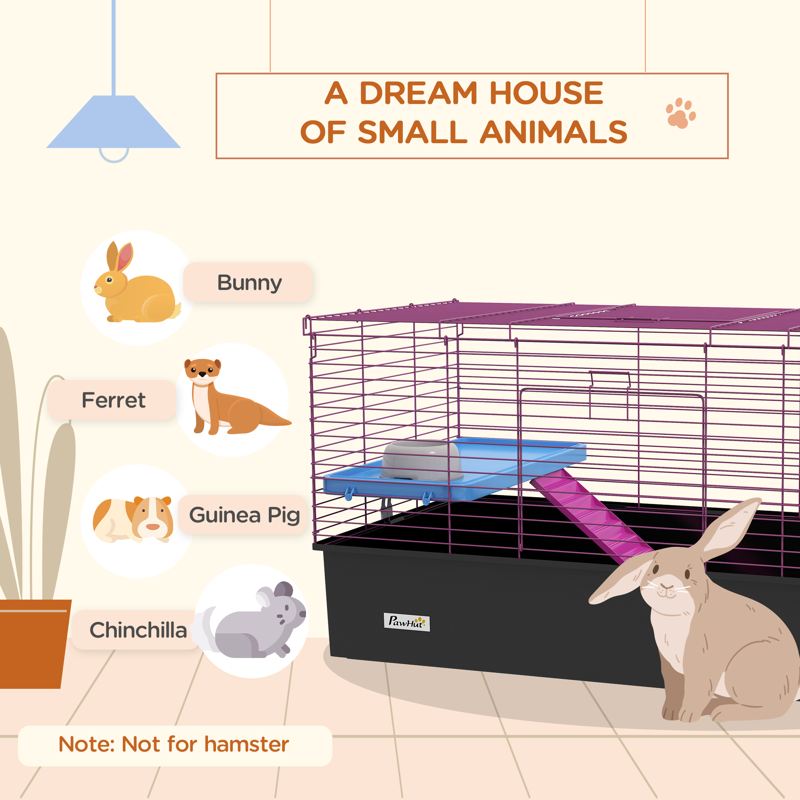 PawHut Chinchillas Small Rabbit Guinea Pig Small Animal Cage, Pet Playhouse, with Platform, Ramp, 99 x 52 x 53cm, Black