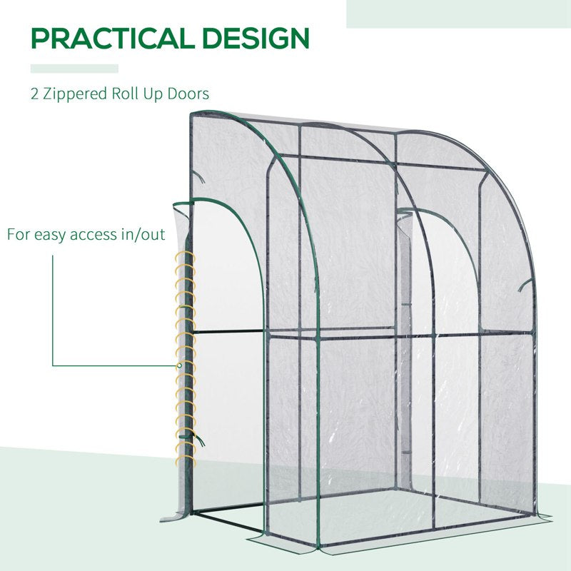 Outsunny Outdoor Walk-In Lean to Wall Tunnel Greenhouse w/ Zippered Roll Up Door PVC Cover, Clear, Green 143cm x 118cm x 212cm