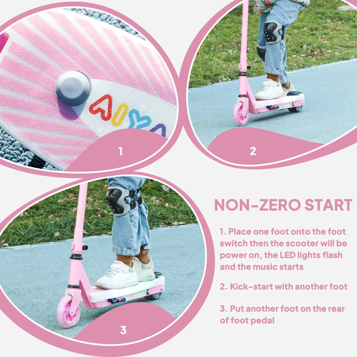 AIYAPLAY Electric Scooter for Kids Aged 4-7 Years, with Flashing LED Lights, Rear Auxiliary Wheels, Pink