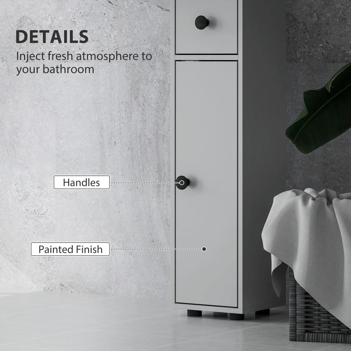 kleankin 180cm Slim Bathroom Cabinet, with Drawer, Shelves and Cupboards - Grey