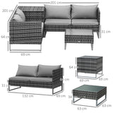 Outsunny 4pc Garden Rattan Wicker Outdoor Furniture Patio Corner Sofa Love Seat and Table Set  with Cushions Side Desk Storage, Mixed Grey