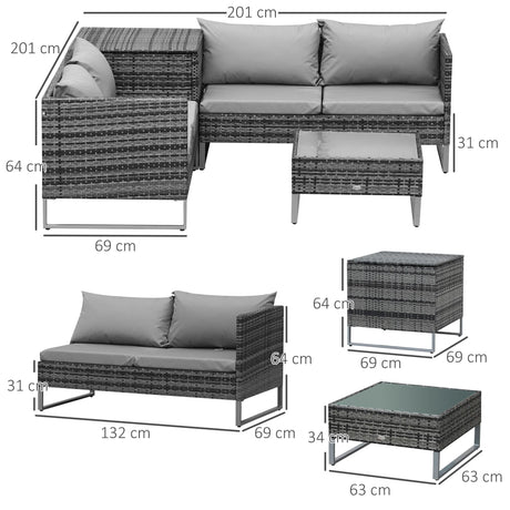 Outsunny 4pc Garden Rattan Wicker Outdoor Furniture Patio Corner Sofa Love Seat and Table Set  with Cushions Side Desk Storage, Mixed Grey