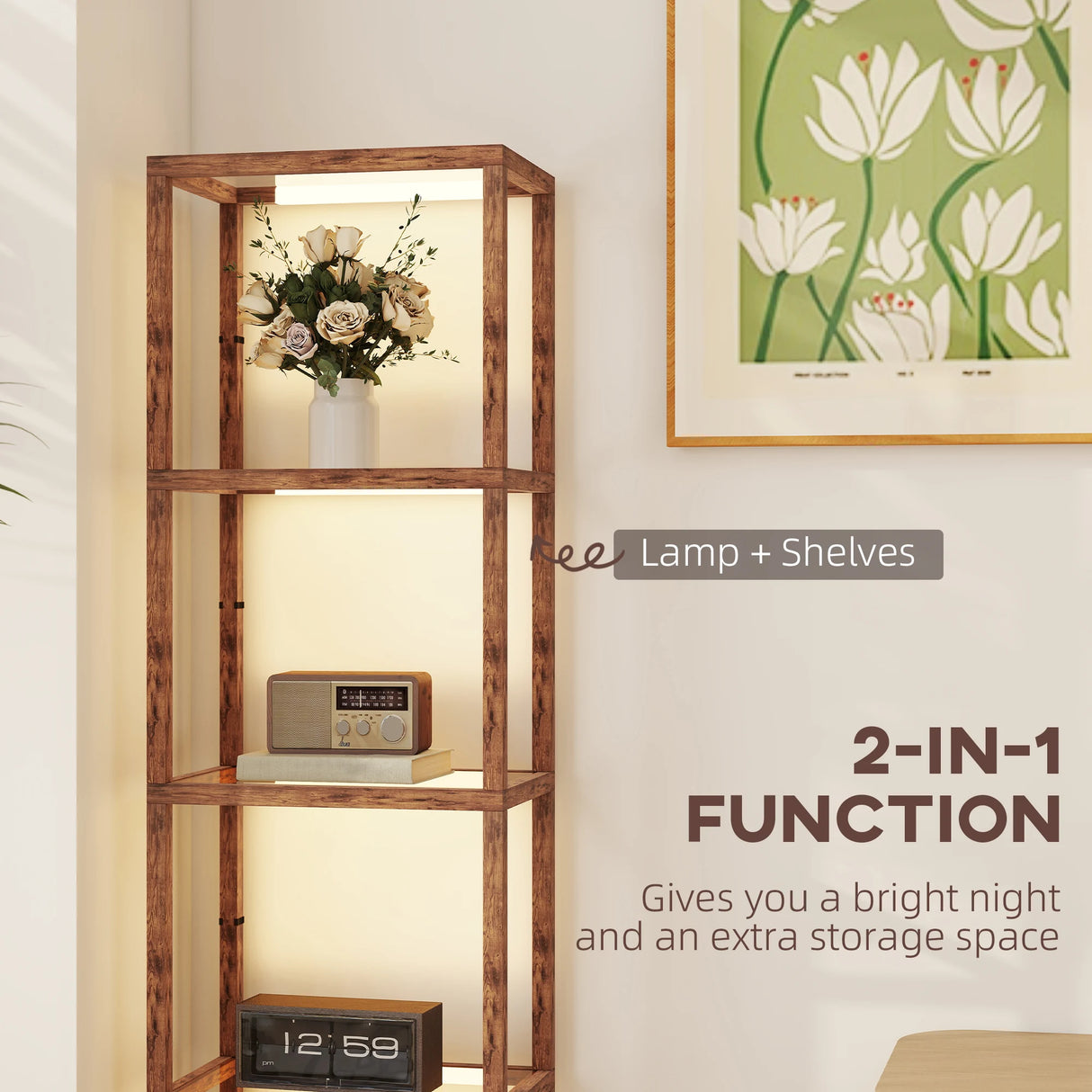 HOMCOM LED Floor Lamp with Glass Shelves, 4 Layers Dimmable Tall Standing Lamp, Modern Column Shelf Floor Light for Living Room, Bedroom, Office, Rustic Brown