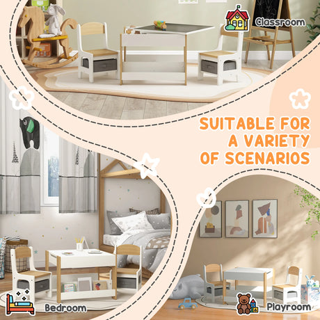 HOMCOM Three-Piece Kids Table and Chair Set with Blackboard, Storage, Bookshelves - Natural Wood