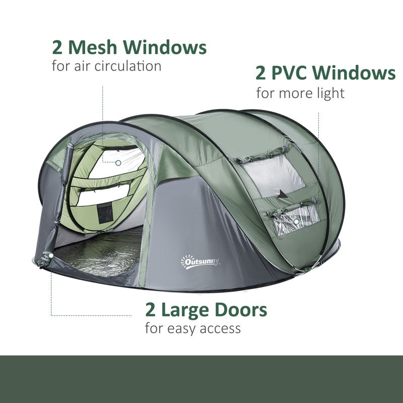 Outsunny 4-5 Person Pop-up Camping Tent Family Tent w/ 2 Mesh Windows & PVC Windows Portable Carry Bag for Outdoor Trip, Dark Green