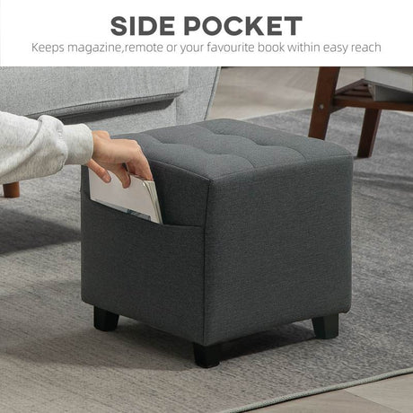 HOMCOM Square Footstool, Small Ottoman with Side Pocket, Linen Fabric Footrest Foot Stool with Rubber Wood Legs and Padded Seat for Living Room, Bedroom, Entryway, 35 x 35 x 35cm, Grey