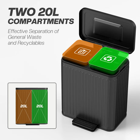 HOMCOM 40L Dual Compartment Rubbish Bin, with Soft-Close Lid - Black
