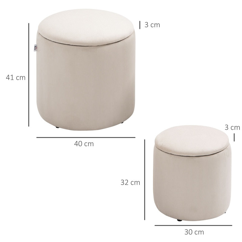 HOMCOM Modern Storage Ottoman with Removable Lid, Fabric Storage Stool, Foot Stool, Dressing Table Stool, Set of 2, Cream White