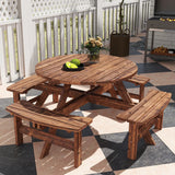 Outsunny Wooden Garden Dining Set, 8 Seater Patio Furniture Set with Round Picnic Table, Parasol Hole for Outdoor Garden, Tan