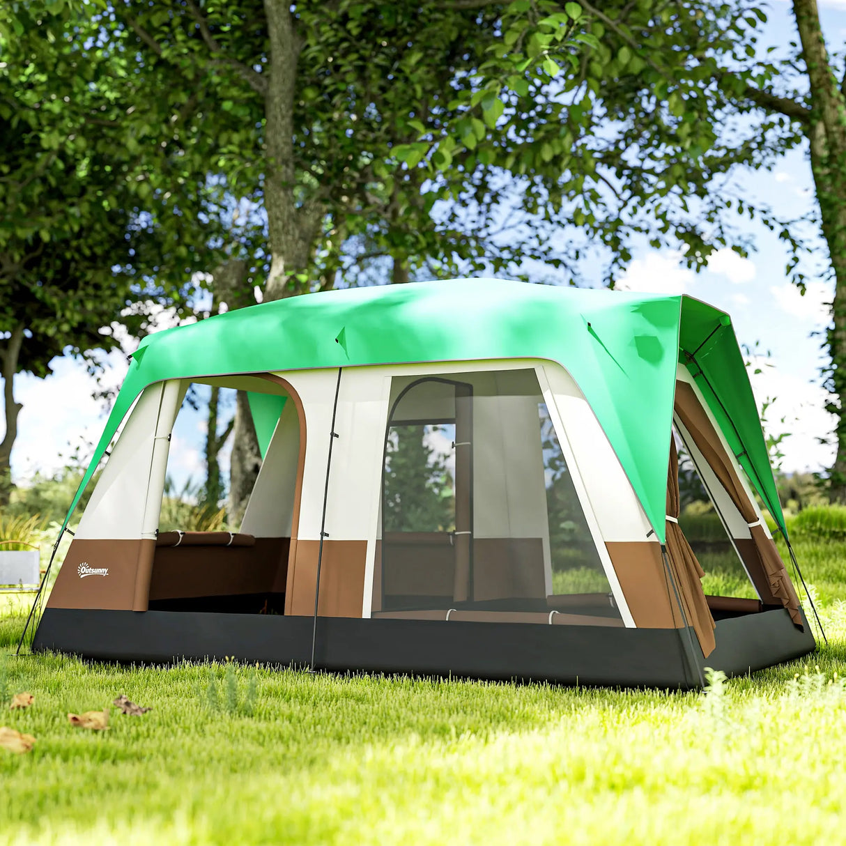 Outsunny Six-Man Camping Tent, with Small Rainfly and Accessories - Green