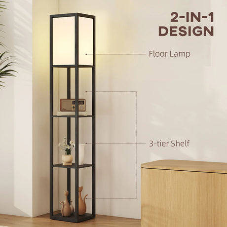 HOMCOM Floor Lamp with Shelves, 3 Layer Column Modern Standing Lamp for Living Room, Bedroom, Office, Bulb not Included, Black