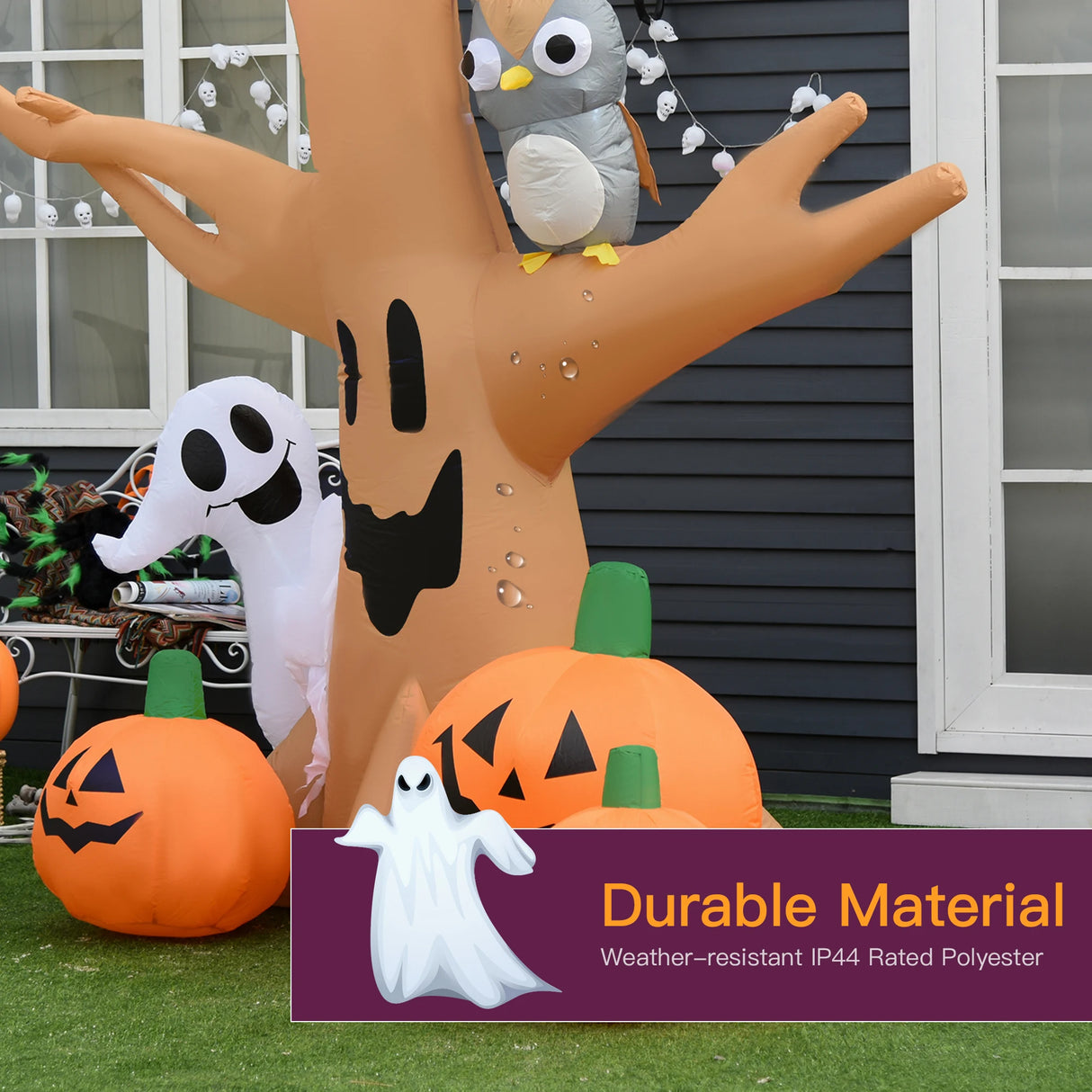 HOMCOM 240cm Large Halloween Scary Lighting Inflatable Tree Ghost 3 Pumpkins Owl 4 LED Indoor Outdoor Holiday Decoration