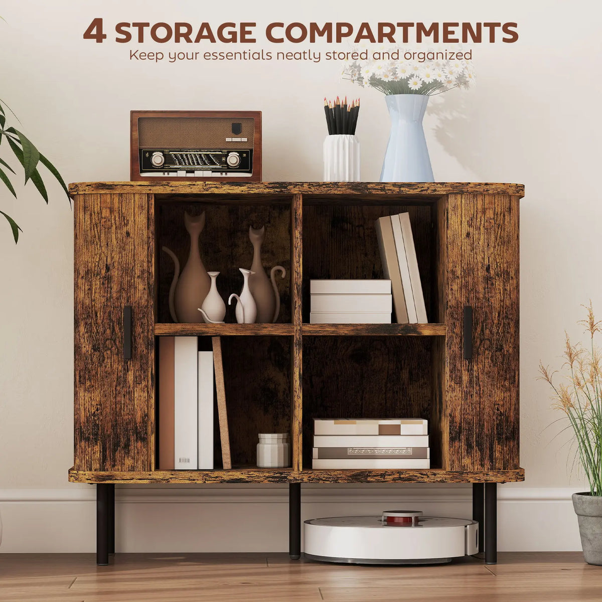 HOMCOM Mid-Century Modern Sideboard Storage Cabinet with Slatted Tambour Sliding Doors, Kitchen Cabinet with Steel Legs, Rustic Brown