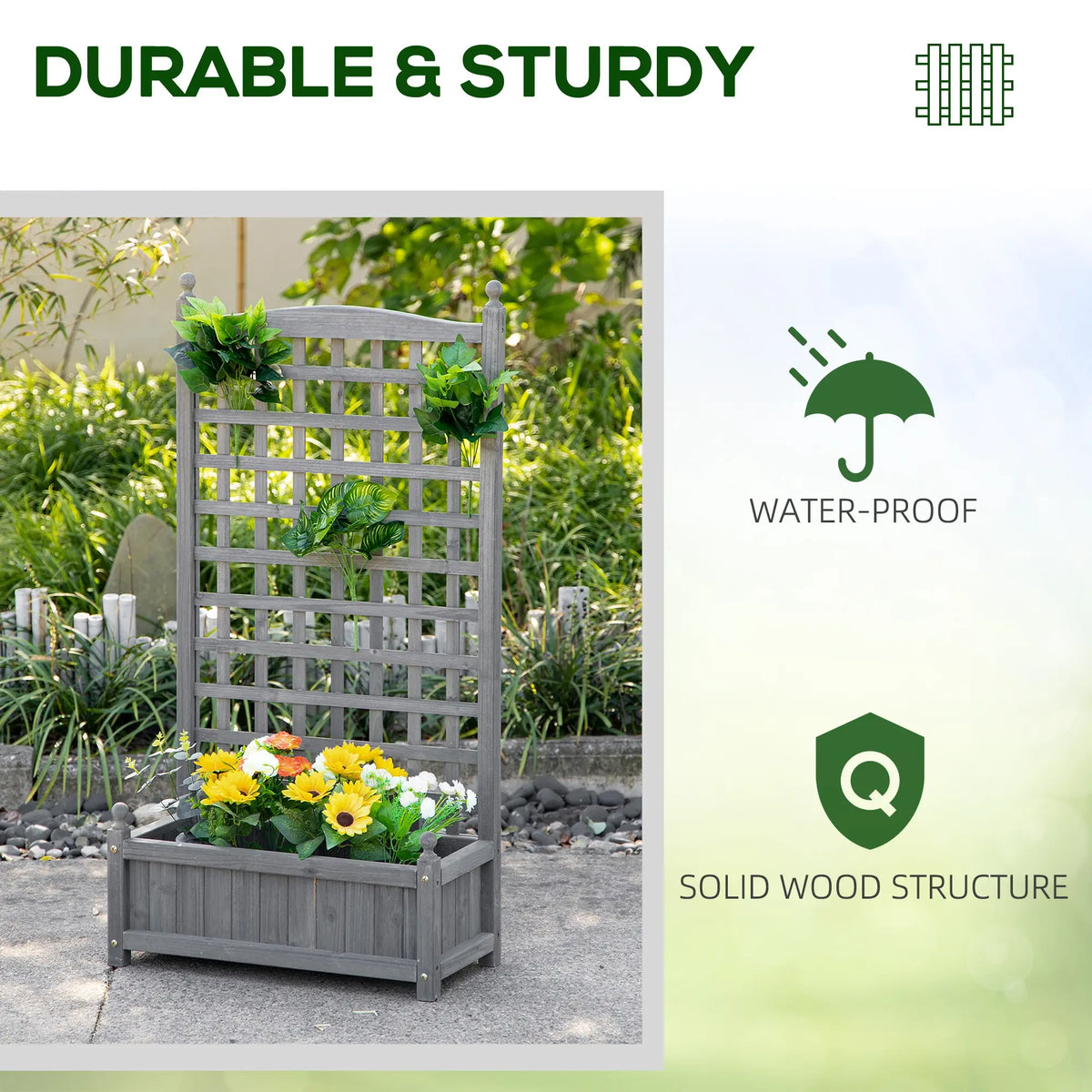 Outsunny Garden Planters with Trellis for Climbing Vines, Wood Raised Beds for Garden, Flower Pot, Indoor Outdoor, Grey