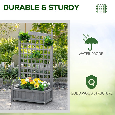 Outsunny Garden Planters with Trellis for Climbing Vines, Wood Raised Beds for Garden, Flower Pot, Indoor Outdoor, Grey