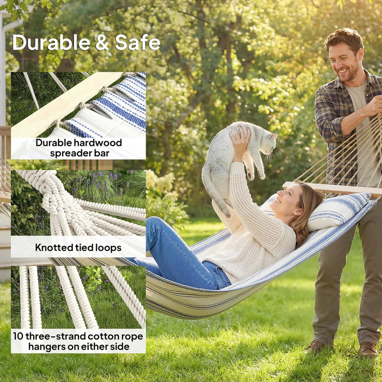 Outsunny Cotton Hammock, Soft Portable Swing Sleeping w/ Headrest & Side Pocket, Blue and White