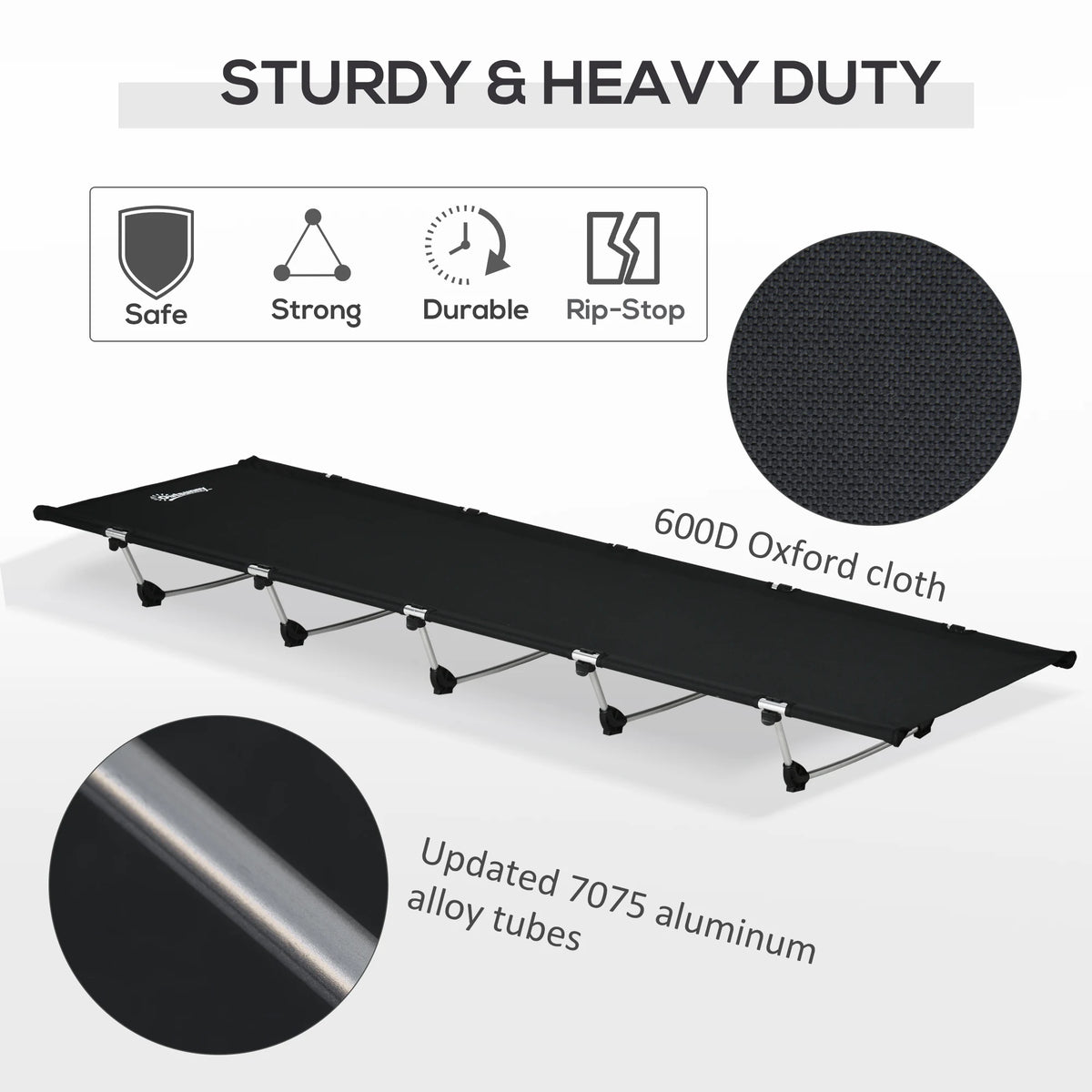 Outsunny Lightweight Camping Bed, Aluminium Portable Camp Cot w/ Strong Support 150kg and Carry Bag for Camping, Black