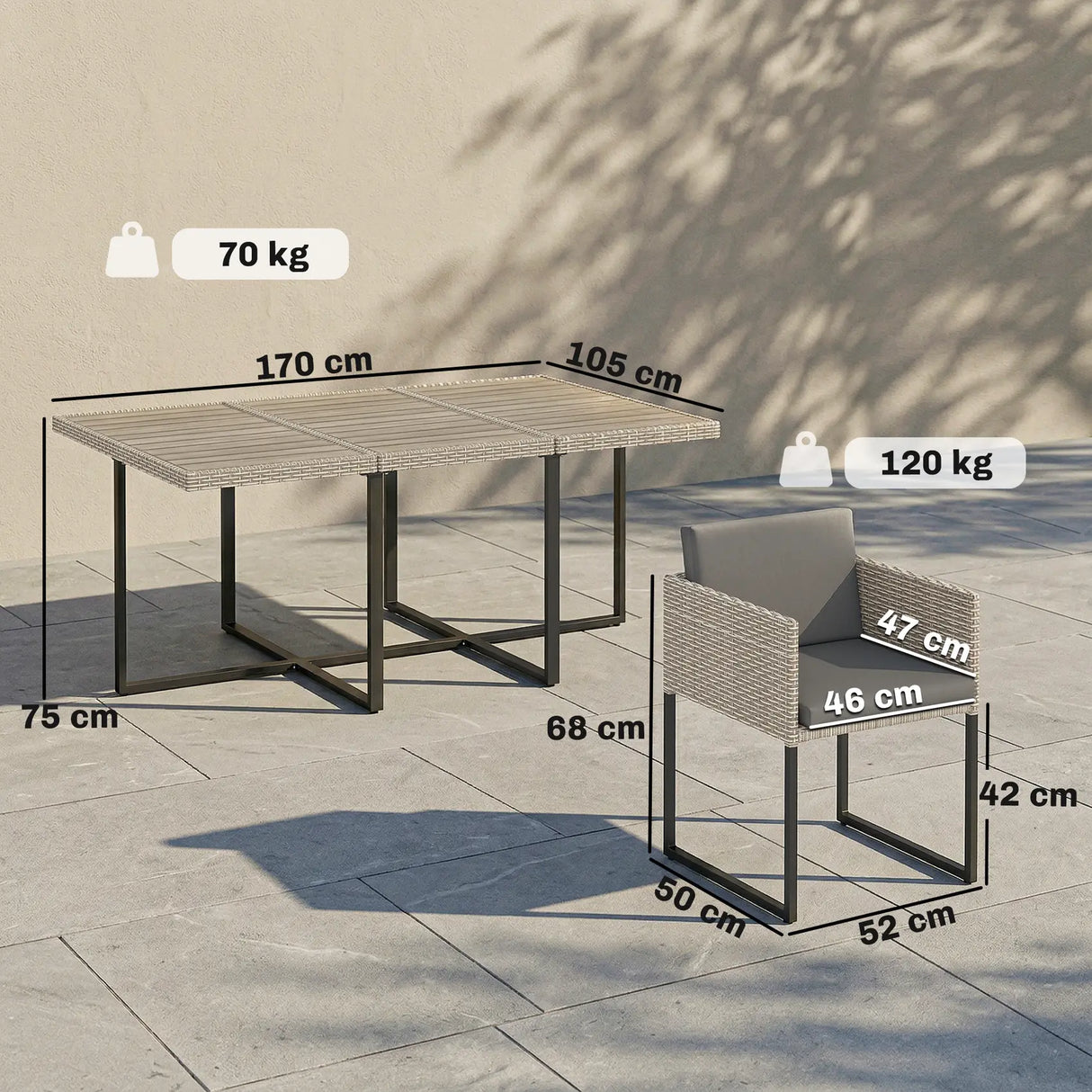 Outsunny 7 Piece Rattan Garden Furniture Set, Garden Dining Set with Wood-Plastic Table and 6 Stackable Chairs, Light Grey