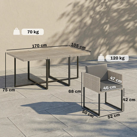 Outsunny 7 Piece Rattan Garden Furniture Set, Garden Dining Set with Wood-Plastic Table and 6 Stackable Chairs, Light Grey