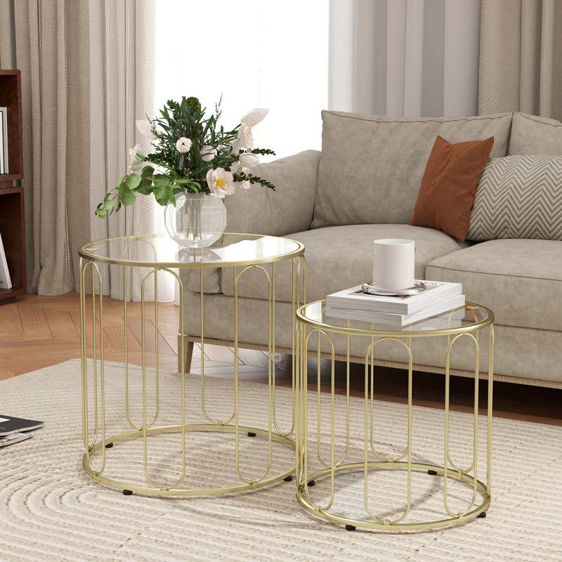 HOMCOM Round Coffee Table Set of 2, Glass Nest of Tables with Metal Frame and Tempered Glass Tabletop, Modern Side Tables for Living Room, Gold Tone