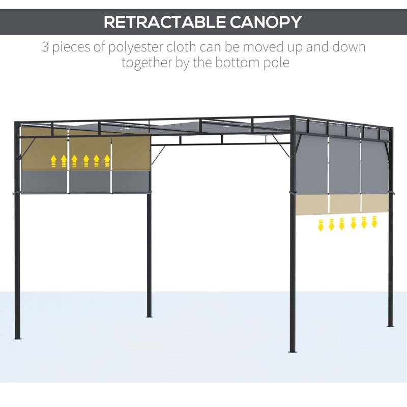 Outsunny 3 x 3(m) Steel Pergola Gazebo with Retractable Roof, Garden Gazebo Canopy Sun Shade Shelter for Outdoor, Deck, Patio, Dark Grey